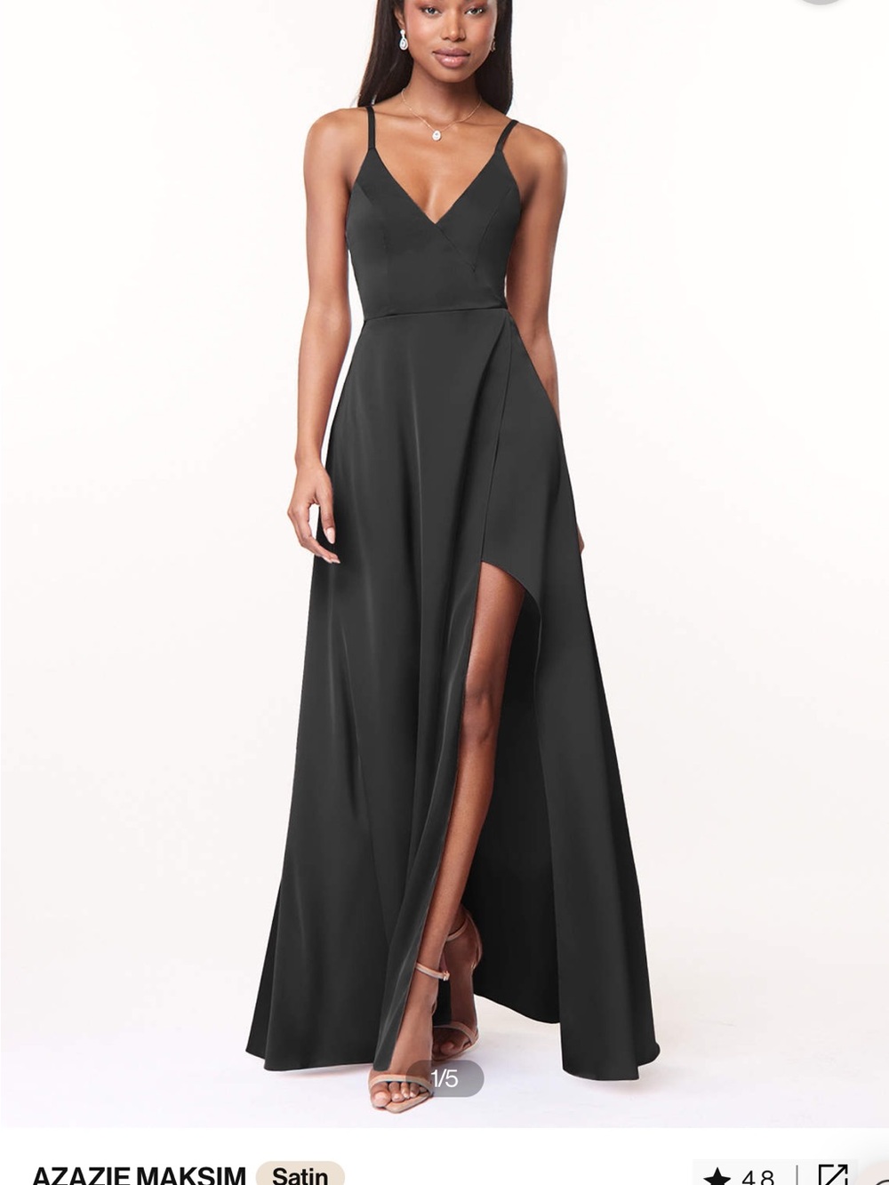 Azazie Black Satin V-Neck Maxi Dress with Thigh Slit Bridesmaid